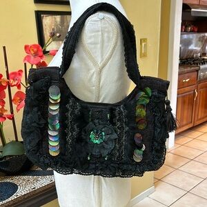 Women's Boho Black Faux Fur Tassel, Sequins Accents & Lace Trimming Shoulder bag